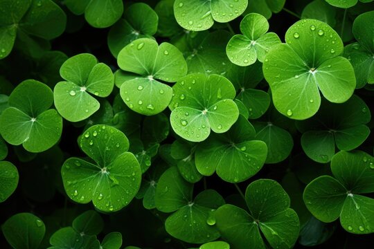 Lush Green Clover Leaves with Dewdrops in a Summer Garden, Symbolizing Luck and Nature's Beauty