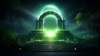 Fantasy concept showing An ancient dimensional portal gate opening into jungle illustration....