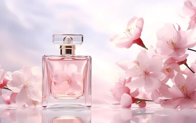 3d illustration of elegant glass bottle containing women's perfume on fresh astromeria background. aroma presentation. generative ai