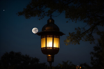 Fototapeta na wymiar a lantern lit up at night with the moon