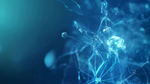 Detailed visualization of a glowing neural network against a blue background, active synapses
