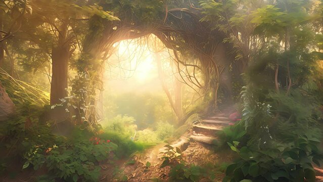 arch in an enchanted fairy forest landscape. Created with Generative AI.	
