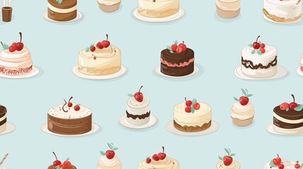 Seamless pattern with different types of cakes.