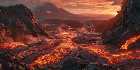 Close-up view of Earth's surface, where fiery lava rivers carve their way through the rugged terrain.