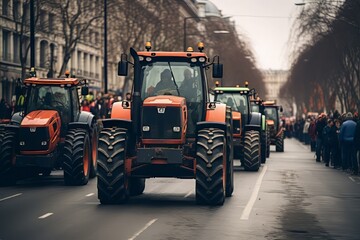 Farmers union protest strike against government Policy. People on strike protesting protests against tax increases. Tractors vehicles blocks city road traffic. - obrazy, fototapety, plakaty