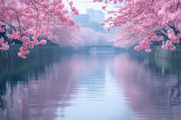 A tranquil, mist-covered lake surrounded by vibrant cherry blossoms in full bloom creates a serene, picturesque scene. - obrazy, fototapety, plakaty