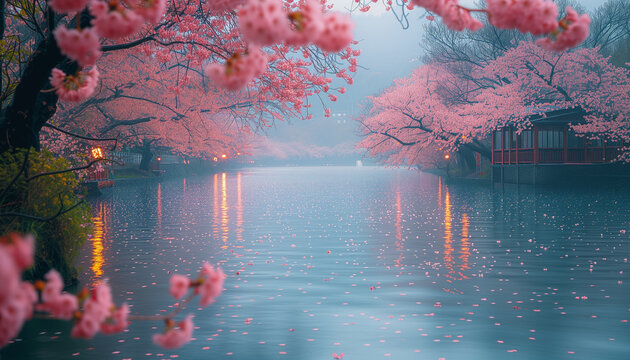 A tranquil, mist-covered lake surrounded by vibrant cherry blossoms in full bloom creates a serene, picturesque scene.