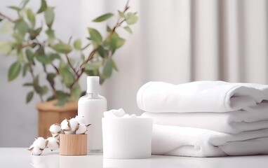 Fototapeta na wymiar Cosmetic products and cotton towels, cotton pads with green plants on white table inside ceramic bathroom background. generative ai