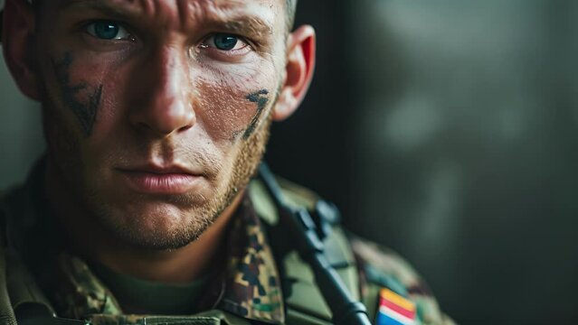 A soldier with a determined look in his eyes, his uniform adorned with patches and medals that tell the story of his service.
