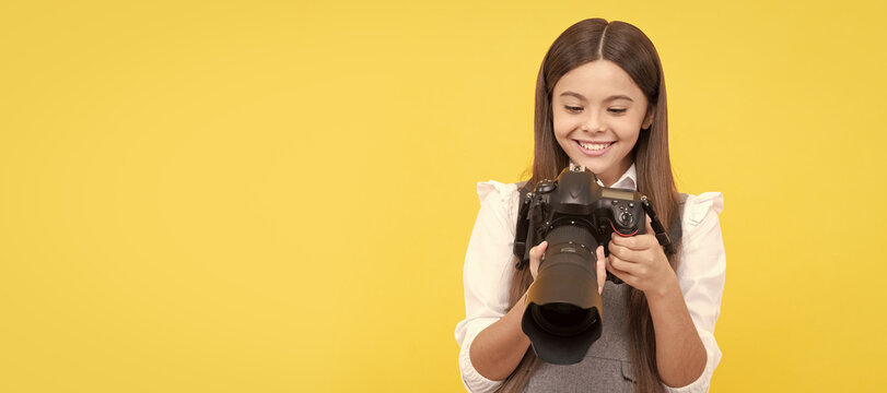 school of photography. hobby or future career. photographer beginner. Child photographer with camera, horizontal poster, banner with copy space.