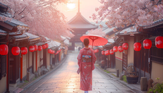 A graceful young woman in traditional kimono attire poses under a cherry blossom tree with a red parasol in a serene temple garden