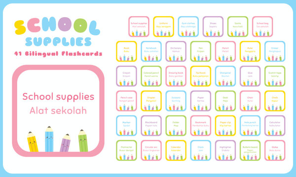 School supplies colorful flashcard vector set. Printable school supplies flashcard for kids. English Indonesian language.