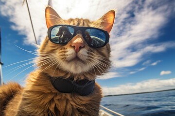 Obraz premium Portrait of a cat wearing sunglasses on a sailboat, close-up