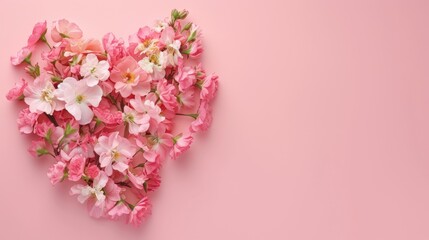 A flower heart shape on pastel pink background, perfect for Mother's Day, Ai Generated.