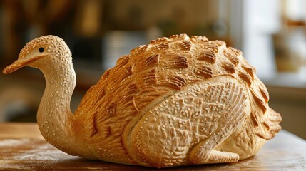 Unique bread loaf resembling an ostrich resting on a wooden table, Ai Generated
