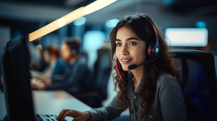 Female call center agent, focused and dedicated, managing tasks on a computer within the central customer service hub.