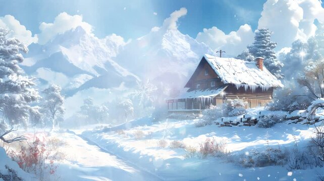 Winter anime landscape, wooden house with snowfall, beautiful scenery 4k quality anime video footage