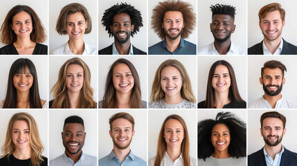 Many Headshots of a smiling men and women on a white background looking at the camera.