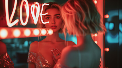 woman in a nightclub. Love yourself concept image with beautiful blonde woman looking herself in the mirror and glowing sign love yourself message.
