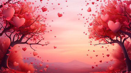 Trees with red heart shape leaves on branches. Fantasy forest, park on pink background with copy space for text. valentines. 