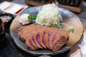 Beef Katsu on a plate, Breaded and cooked to perfection, Tokyo, Japan, OCtober 18, 2023
