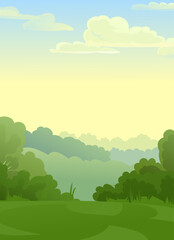 Summer landscape. Countryside. Fields and vegetable gardens. Funny cartoon style. Picture vector