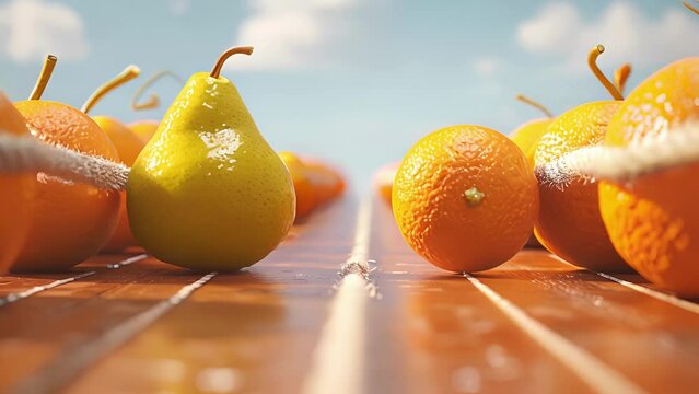 Pears vs. oranges in an intense tug of war match with the oranges fiercely rolling backwards in an attempt to win.