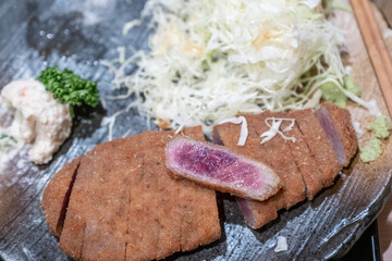 Beef Katsu on a plate, Breaded and cooked to perfection, Tokyo, Japan, OCtober 18, 2023