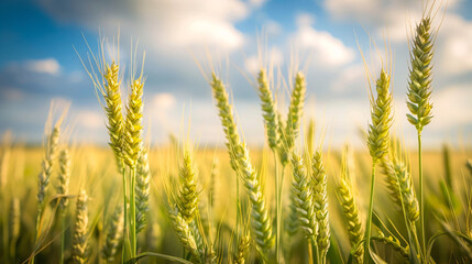 Obraz premium Golden Wheat Fields Under a Clear Blue Sky: A Detailed Look at Nature’s Beauty and Agriculture’s Wealth