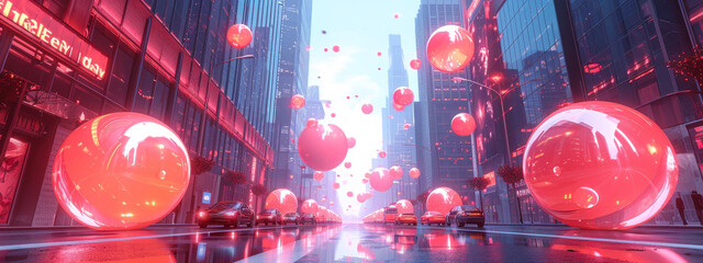 Crimson Skies: An Enchanting Cityscape Overflowing With Vibrant Red Balloons - obrazy, fototapety, plakaty