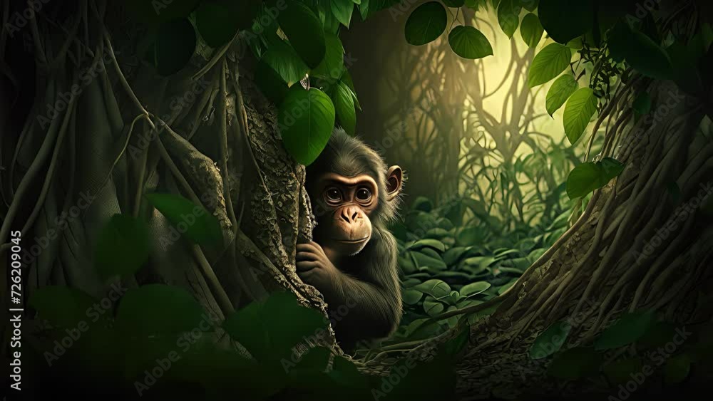 Wall mural chimpanzee hiding in the forest. created with generative ai.