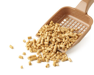 Wooden pet litter filler with scoop isolated on white background