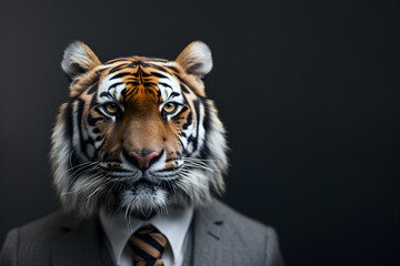 Tiger animal in a business suits at the studio on isolated background. Generative Ai
