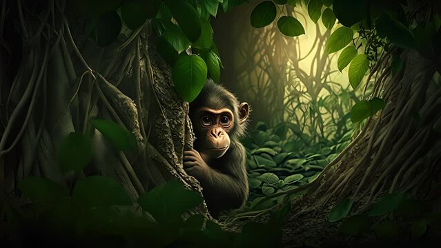 chimpanzee hiding in the forest. Created with generative AI.