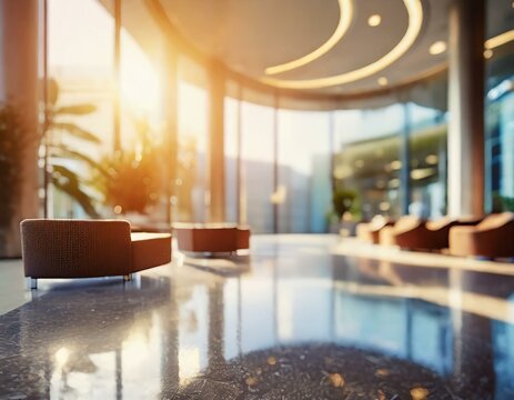 modern luxury hotel lobby with sun flare  at shallow depth of field, background with bokeh effect