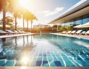 modern luxury hotel swimming pool with sun flare at shallow depth of field, background with bokeh effect