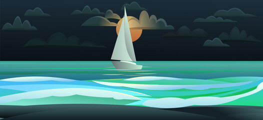 Sailing yacht white. Small sea vessel. Rides on waves. Quiet weather. Bright moonlit night on dark sky. Cartoon fun style. Flat design. Vector