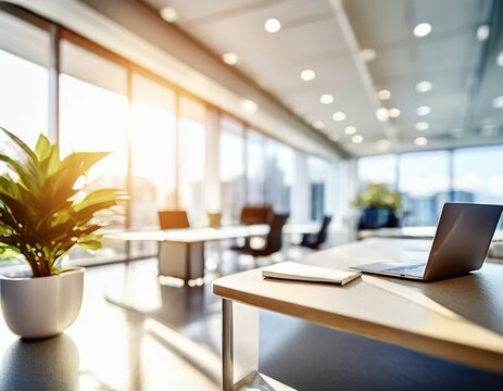 Blurred Empty Modern Office Space With Big Windows And Sun Peaking Through, No People, Beautiful Business Workspace For A Company