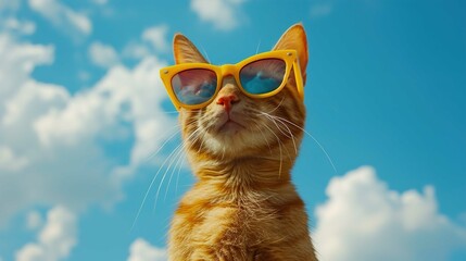 Closeup portrait of funny ginger cat wearing sunglasses isolated on light cyan.