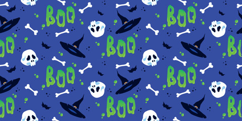 Blue texture for wrap paper. Halloween's seamless pattern includes skulls, hats, bones, and bats. Seamless vector pattern for Halloween. 