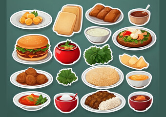 Cute stickers. White borders. Cake  food and hdr color. cartoon style