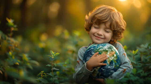 Child Embracing Globe in Nature.