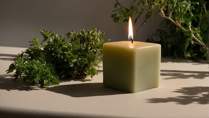 square candle in natural conditions behind a green plant