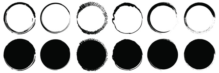 Grunge brush round border shapes set. Black hand drawn brushes vector pack sketch frame isolated collection. Vector illustration.