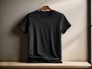 simple black mens tee mockup hanging on white wall. Generative AI