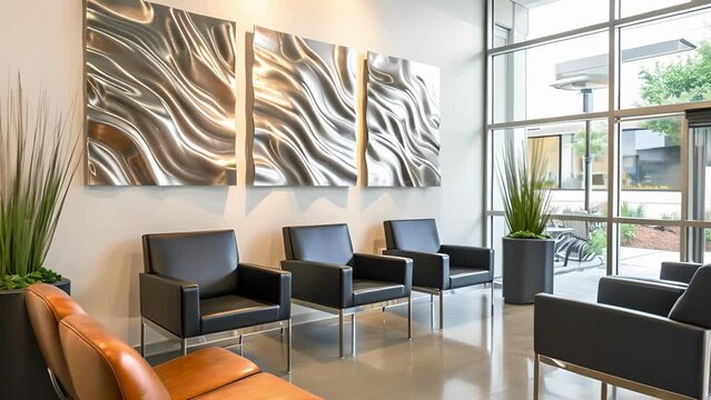 Wall art made of shimmering silver metal adds an artistic touch to the office break room catching the eye of every employee.