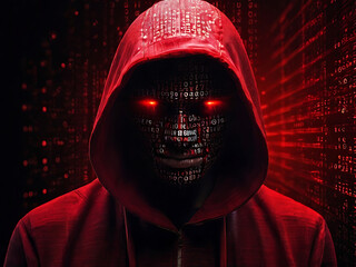 Hacker Face Made With Red Binary Code ,Anonymous red hooded cyber hacker ,Computer hacker in hoodie , Data thief, internet fraud, darknet and cyber security concept ,hacker in a red hoodie