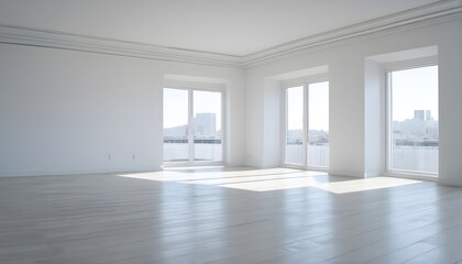 White empty room, light wood floor, three big windows, view over river and city - obrazy, fototapety, plakaty