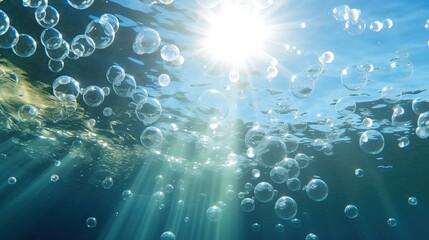 Underwater view background with air bubbles and sunlight. natural water concept.