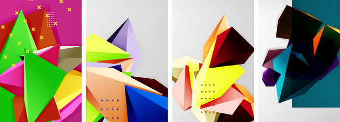 Trendy low poly 3d triangle shapes and other geometric elements background designs for wallpaper, business card, cover, poster, banner, brochure, header, website